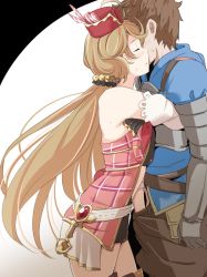 Rule 34 | 10s, 1boy, 1girl, armor, bare shoulders, blue eyes, blush, breast on chest, breast press, breasts, brown hair, dress, closed eyes, from side, gloves, gran (granblue fantasy), granblue fantasy, hand in pants, harie (granblue fantasy), hat, hetero, hug, kichihachi, large breasts, long hair, profile, short hair, sweat