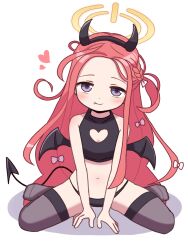 Rule 34 | 1girl, all fours, amanori, black horns, black panties, black tail, black thighhighs, black wings, blue archive, blue eyes, blush, bow, braid, cleavage cutout, clothing cutout, crop top, demon costume, demon girl, demon horns, demon tail, demon wings, fake horns, fake wings, fang, flat chest, forehead, hair bow, half-closed eyes, halloween, halo, heart, heart cutout, highres, horns, long hair, looking at viewer, multiple hair bows, navel, orange halo, panties, red hair, shirt, side braid, sitting, sleeveless, sleeveless shirt, smile, solo, tail, thighhighs, underwear, wariza, white background, wings, yuzu (blue archive)