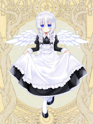 Rule 34 | 1girl, apron, black bow, black dress, black footwear, blue eyes, blush, bow, braid, closed mouth, dairoku ryouhei, dress, feathered wings, flower, frilled apron, frills, full body, hair between eyes, hair bow, hair flower, hair ornament, hair over shoulder, juliet sleeves, long hair, long sleeves, maid, maid apron, maid headdress, official art, pantyhose, puffy sleeves, shikito (yawa0w0), shoes, skirt hold, smile, solo, standing, twin braids, white apron, white flower, white pantyhose, white wings, wings