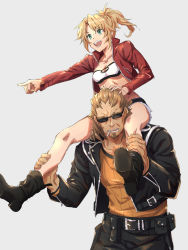 Rule 34 | 1boy, 1girl, belt, belt pouch, black footwear, black jacket, black pants, blonde hair, breasts, brown hair, carrying, cigarette, cleavage, collarbone, denim, denim shorts, facial hair, fate/apocrypha, fate (series), goatee, green eyes, grey background, hajimetakadai, highres, holding legs, jacket, medium hair, mordred (fate), mordred (fate/apocrypha), mordred (memories at trifas) (fate), open mouth, orange shirt, pants, parted bangs, piggyback, pointing, ponytail, pouch, red jacket, shirt, shishigou kairi, short shorts, shorts, small breasts, standing, sunglasses