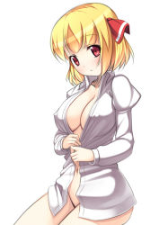 Rule 34 | 1girl, aged up, blonde hair, blush, bottomless, breasts, cleavage, covered erect nipples, dress shirt, hair ribbon, highres, large breasts, long sleeves, looking at viewer, nakamura kusata, naked shirt, no bra, open clothes, open shirt, red eyes, ribbon, rumia, shirt, short hair, simple background, sketch, solo, touhou, white background