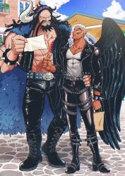Rule 34 | 2boys, abs, armlet, asymmetrical hair, bag, beard, black footwear, black hair, black jacket, black wings, boots, braid, chest tattoo, coat, dark skin, day, facial hair, facial tattoo, fur coat, hand on another&#039;s waist, highres, holding, holding bag, holding paper, horns, jacket, kaidou (one piece), king (one piece), knee boots, leather, leather jacket, leather pants, long hair, looking at another, male focus, multiple boys, muscular, muscular male, mustache, one piece, open clothes, open mouth, outdoors, pants, paper, pectorals, scar, scar on stomach, shirt, single horn, smile, spiked armlet, standing, talking, tattoo, white hair, white shirt, wings, zht 2k