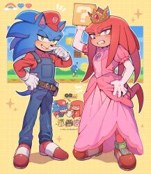 Rule 34 | +++, 1girl, 4boys, :t, ?, ? block, ^ ^, amy rose, animal nose, arm up, artist name, belt, belt pouch, block (object), blue gemstone, blue overalls, blue pants, blue sky, blush, brown belt, buttons, chaos emerald, clenched teeth, closed eyes, cloud, collared shirt, commentary, cosplay, crossdressing, crown, dress, elbow gloves, english commentary, furry, furry female, furry male, gem, gem (symbol), gloves, grass, green eyes, grin, hand up, hat, hill, knuckles the echidna, long sleeves, looking at viewer, luigi, luigi (cosplay), mario, mario (cosplay), mario (series), multiple boys, necktie, nintendo, notice lines, overalls, pants, pink dress, pouch, princess peach, princess peach (cosplay), puffy short sleeves, puffy sleeves, purple eyes, rainbow, red footwear, red gemstone, red headwear, red necktie, red shirt, shadow the hedgehog, shirt, shoes, short sleeves, simple background, sk rokuro, sky, smile, sonic (series), sonic the hedgehog, sparkle, super mushroom, tails (sonic), teeth, v-shaped eyebrows, white gloves, wing collar, yellow background