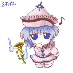 Rule 34 | 1girl, blue eyes, blue hair, closed mouth, commentary request, eighth note, floating instrument, frilled shirt collar, frills, fumo (doll), hat, highres, instrument, long sleeves, looking at viewer, merlin prismriver, musical note, no nose, purple hat, purple shirt, purple skirt, shirt, short hair, simple background, skirt, solo, touhou, trumpet, white background, yakumora n