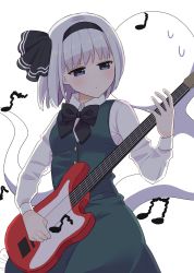 Rule 34 | 1girl, :/, black hairband, black neckwear, blush, bow, breasts, closed mouth, collared shirt, commentary request, dot mouth, dot nose, electric guitar, eyelashes, focused, frilled skirt, frills, green eyes, green skirt, green vest, guitar, hairband, highres, hitodama, holding, holding instrument, instrument, konpaku youmu, long sleeves, looking to the side, medium breasts, miniskirt, musical note, serious, shirt, short hair, silver hair, simple background, skirt, solo, standing, stigma1101, sweatdrop, touhou, upper body, vest, white background, wing collar, wrist cuffs