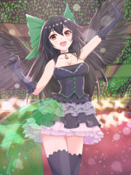 Rule 34 | 1girl, :d, absurdres, bird wings, black dress, black gloves, black hair, black thighhighs, black wings, blush, breasts, choker, cleavage, collarbone, commentary request, dress, gloves, highres, holding, holding microphone, idol, long hair, looking at viewer, medium breasts, microphone, music, o1118, open mouth, red eyes, reiuji utsuho, short dress, singing, sleeveless, sleeveless dress, smile, solo, stadium, thighhighs, third eye, touhou, wings