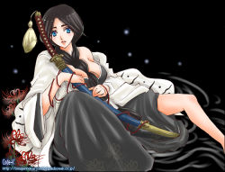 Rule 34 | 00s, 1girl, between breasts, black background, black hair, bleach, blue eyes, braid, breasts, front braid, front ponytail, hair between breasts, haori, japanese clothes, long hair, looking at viewer, puchi (code-k), sheath, sheathed, simple background, single braid, solo, sword, taichou haori, unohana retsu, weapon