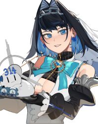 Rule 34 | 1girl, black hair, blue eyes, blue hair, boros (ouro kronii), bow, bow earrings, bowtie, breasts, chain, cleavage, cleavage cutout, clothing cutout, colored inner hair, detached sleeves, earrings, eus ing, gloves, hair intakes, heart, highres, holding, hololive, hololive english, jewelry, large breasts, looking at viewer, multicolored hair, ouro kronii, parted lips, simple background, solo, teeth, virtual youtuber, white background