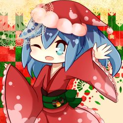 Rule 34 | 10s, 1girl, alternate costume, aqua eyes, bell, blue hair, christmas, fubukihime, hat, high ponytail, highres, holly, japanese clothes, kimono, long hair, looking at viewer, multicolored hair, one eye closed, open mouth, sakumado, santa hat, solo, two-tone hair, traditional youkai, youkai watch