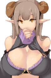 Rule 34 | 1girl, armadillo-tokage, bad id, bad pixiv id, bare shoulders, blush, borrowed character, breasts, brown hair, cleavage, covering own mouth, highres, horns, large breasts, long hair, looking at viewer, own hands together, pointy ears, solo, yellow eyes