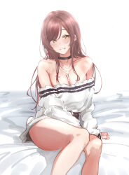 Rule 34 | 1girl, bare legs, bare shoulders, bed sheet, belt buckle, black choker, blush, breasts, brown hair, buckle, choker, cleavage, collarbone, commentary, dress, feet out of frame, highres, idolmaster, idolmaster shiny colors, long hair, looking at viewer, medium breasts, natsumegu (yvku8527), off-shoulder dress, off shoulder, osaki amana, sitting, smile, solo, straight hair, very long hair, white dress