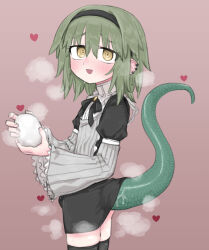 Rule 34 | 1boy, bill (black souls), black dress, black hairband, black ribbon, black souls, black thighhighs, blush, cowboy shot, dress, earrings, egg, green hair, green tail, grey sleeves, hairband, heart, highres, holding, holding egg, jewelry, lizard tail, looking at viewer, male focus, matangom, neck ribbon, open mouth, ribbon, short hair, simple background, smile, solo, steam, sweat, tail, thighhighs, trap, wet, white background