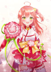 Rule 34 | 1girl, ahoge, blush, breasts, bridal garter, cherry blossom print, cherry blossoms, floral print, green eyes, hair between eyes, hair ornament, hairclip, highres, hololive, long hair, naomi (fantasia), one side up, open mouth, paw print, paw print pattern, petals, pink hair, sakura miko, sakura miko (1st costume), signature, solo, virtual youtuber, wide sleeves