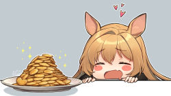 Rule 34 | 1girl, animal ears, arknights, artist name, blush, blush stickers, brown hair, ceobe (arknights), closed eyes, cookie, dog ears, dog girl, fang, food, hair between eyes, heart, long hair, looking at object, mitake eil, open mouth, peeking, plate, saliva, signature, simple background, solo, sparkle