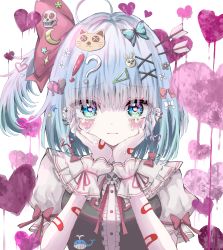 Rule 34 | !?, 1girl, absurdres, ahoge, arrow (projectile), bandaged arm, bandaged hand, bandages, bandaid, blue eyes, blue hair, blush, bow, butterfly wings, cat hair ornament, collared shirt, crying, crying with eyes open, ear piercing, earrings, frills, frown, hair bow, hair ornament, hairclip, hands on own cheeks, hands on own face, head rest, heart, highres, insect wings, jewelry, kayon (touzoku), medium hair, mismatched earrings, neck ribbon, original, piercing, puffy short sleeves, puffy sleeves, ribbon, shirt, short hair, short ponytail, short sleeves, side ponytail, solo, tears, wings, wrist cuffs