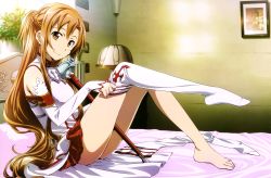 Rule 34 | 10s, 1girl, absurdres, armor, asuna (sao), barefoot, bed, blush, breastplate, breasts, brown eyes, brown hair, cleaned, detached sleeves, feet, half updo, highres, kawakami tetsuya, leaning back, long hair, long legs, looking at viewer, no shoes, official art, on bed, pleated skirt, red skirt, scan, single thighhigh, sitting, skirt, smile, solo, sword, sword art online, thighhighs, thighhighs pull, thighs, weapon, white armor, white thighhighs