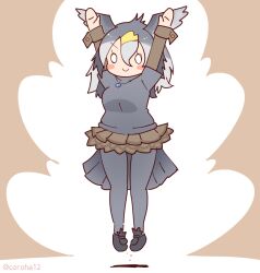 Rule 34 | 1girl, arms up, bird girl, bird tail, bird wings, brown background, coroha, feathered wings, full body, great cormorant (kemono friends), grey hair, head wings, jewelry, jumping, kemono friends, kemono friends 3, long hair, looking at viewer, necklace, pantyhose, shirt, shoes, simple background, skirt, solo, tail, wings