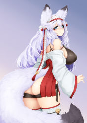 Rule 34 | 1girl, animal ear fluff, animal ears, ass, ass cutout, barbariank, bare shoulders, blue eyes, breasts, butt crack, clothing cutout, commentary, cowboy shot, from behind, gradient background, hair between eyes, hairband, heart, heart-shaped pupils, highres, large breasts, large tail, light purple hair, long hair, looking at viewer, looking back, meyeri (barbariank), original, purple background, simple background, solo, symbol-only commentary, symbol-shaped pupils, tail, thighhighs, white background, wide sleeves