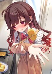 Rule 34 | 1girl, ahoge, apron, averting eyes, blush, bow, bowtie, brown hair, check commentary, chopsticks, collared shirt, commentary request, cowboy shot, drill hair, embarrassed, food, foreshortening, highres, holding, holding chopsticks, holding food, incoming food, indoors, long hair, nose blush, omelet, original, outstretched arms, parted lips, plate, red bow, red bowtie, red eyes, shirt, solo, standing, summer tail720, sweat, tamagoyaki, wavy mouth, white shirt, yellow apron