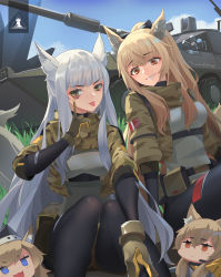 Rule 34 | 4girls, :p, akanbe, alternate costume, animal ear fluff, animal ears, arknights, belt, belt pouch, black headwear, black legwear, blemishine (arknights), blue eyes, blue sky, bodystocking, breasts, brown eyes, brown gloves, brown hair, brown shorts, camouflage, camouflage jacket, chibi, chibi inset, corset, day, expressionless, eyelid pull, garrison cap, gloves, grass, green eyes, hat, headset, highres, horse ears, jacket, long hair, looking at viewer, medium breasts, military, military vehicle, motor vehicle, multiple girls, nearl (arknights), on ground, open clothes, open jacket, outdoors, parted lips, platinum (arknights), ponytail, pouch, red eyes, rhodes island logo (arknights), short shorts, shorts, sidelocks, silver hair, sima naoteng, sitting, sky, sleeves past elbows, smile, tail, tank, tongue, tongue out, v-shaped eyebrows, very long hair, whislash (arknights)