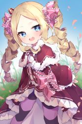Rule 34 | 1girl, :d, beatrice (re:zero), blonde hair, blue eyes, blush, bow, butterfly-shaped pupils, crown, dress, drill hair, eringikinono, frilled bow, frills, highres, long dress, long hair, long sleeves, looking at viewer, mini crown, open mouth, pantyhose, parted bangs, re:zero kara hajimeru isekai seikatsu, sleeves past wrists, smile, solo, standing, striped clothes, striped pantyhose, symbol-shaped pupils, teeth, twin drills