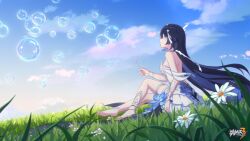 Rule 34 | 1girl, absurdres, bare shoulders, barefoot, bubble, chinese commentary, cloud, cloudy sky, colored inner hair, day, detached sleeves, dress, flower, grass, highres, honkai (series), honkai impact 3rd, logo, long hair, looking up, multicolored hair, official art, official wallpaper, on grass, outdoors, plant, seele vollerei, seele vollerei (herrscher of rebirth), sitting, sky, smile, solo, white dress, white flower, white headwear