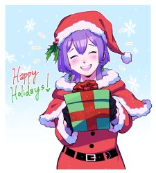 Rule 34 | 1girl, bad id, bad twitter id, belt, bernadetta von varley, black gloves, box, closed eyes, earrings, fire emblem, fire emblem: three houses, fur trim, gift, gift box, gloves, hat, holding, jewelry, nintendo, open mouth, pom pom (clothes), purple hair, red hat, s0rrysap, santa costume, santa hat, snowflakes, solo, upper body