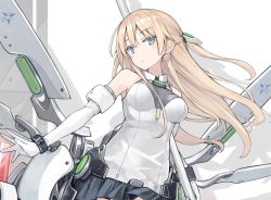 Rule 34 | 1girl, armpits, bare shoulders, black skirt, blonde hair, blue eyes, breasts, close-up, commentary request, elbow gloves, gloves, half updo, head tilt, holding, holding spear, holding weapon, long hair, looking at viewer, mecha musume, mechanical wings, medium breasts, miniskirt, multicolored shirt, original, poco (asahi age), polearm, shirt, sidelocks, skirt, sleeveless, sleeveless shirt, solo, spear, thighhighs, weapon, white gloves, white shirt, wings