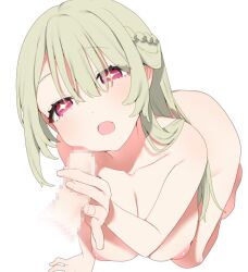 Rule 34 | + +, 1boy, 1girl, :o, all fours, barefoot, blush, braid, breasts, censored, collarbone, completely nude, eyelashes, eyes visible through hair, french braid, green hair, hair between eyes, handjob, hanging breasts, hetero, large breasts, long bangs, long hair, looking at viewer, mosaic censoring, nipples, nude, open mouth, original, penis, pink eyes, puffy nipples, sakana no ike, simple background, solo focus, white background