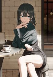 Rule 34 | 1girl, arm on table, averting eyes, bag, black hair, black skirt, blue eyes, blunt bangs, blurry, blurry background, brick floor, brick wall, closed mouth, coffee, commentary request, crossed legs, cup, day, earrings, fagi (kakikaki), feet out of frame, fubuki (one-punch man), green shirt, handbag, high-waist skirt, highres, jewelry, long skirt, long sleeves, medium hair, one-punch man, outdoors, saucer, shade, shirt, shirt tucked in, sitting, skirt, smile, solo, spoon, stool, table, teacup