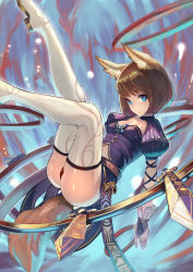 Rule 34 | 1girl, absurdres, animal ears, ass, belt, blue dress, blue eyes, bob cut, boots, breasts, brown hair, cleavage, cleavage cutout, closed mouth, clothing cutout, dress, fang, fang out, gloves, highres, lard (kumazakiyuta), legs up, looking at viewer, navel, navel cutout, original, puffy short sleeves, puffy sleeves, short hair, short sleeves, skindentation, small breasts, smile, solo, sword, tail, thigh boots, thighhighs, weapon, white footwear, white gloves, white thighhighs