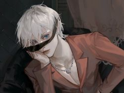 Rule 34 | 1boy, albino, bishounen, blindfold, blue eyes, colored eyelashes, gojou satoru, hand on own face, jewelry, jujutsu kaisen, looking at viewer, necklace, pink lips, red suit, suit, white hair