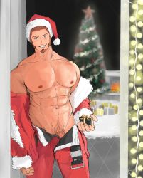 Rule 34 | 1boy, abs, absurdres, alternate costume, alternate pectoral size, aoshima93, bara, bare pectorals, belt, blue eyes, blush, brown hair, christmas, christmas tree, facial hair, fate/grand order, fate (series), feet out of frame, gift, goatee, hat, highres, holding, holding gift, jacket, jacket partially removed, large pectorals, long sideburns, male focus, male pubic hair, mature male, muscular, muscular male, napoleon bonaparte (fate), navel, navel hair, nipples, open belt, pectorals, penis, penis peek, pubic hair, santa costume, santa hat, short hair, sideburns, smirk, solo, stomach, unfinished