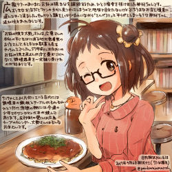 Rule 34 | 10s, 1girl, alternate costume, bespectacled, black-framed eyewear, brown eyes, brown hair, colored pencil (medium), commentary request, dated, double bun, food, glasses, jewelry, kantai collection, kirisawa juuzou, naka (kancolle), necklace, numbered, okonomiyaki, one eye closed, open mouth, short hair, sitting, smile, solo, traditional media, translation request, twitter username