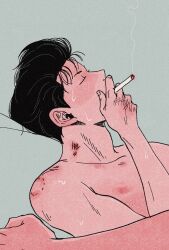 Rule 34 | 1boy, 1other, bite mark, bite mark on shoulder, black hair, bruise on chest, cigarette, closed eyes, from side, grey background, highres, holding, holding cigarette, madoyo0000, male focus, mito youhei, out of frame, pompadour, profile, simple background, slam dunk (series), smoke, smoking, solo focus, sweatdrop, upper body