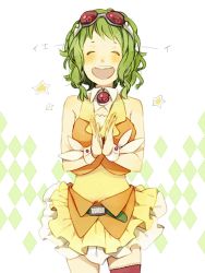 Rule 34 | 1girl, argyle, argyle background, argyle clothes, bad id, bad pixiv id, goggles, goggles on head, green hair, gumi, hagiwara hatoba, open mouth, short hair, skirt, smile, solo, vocaloid, wrist cuffs