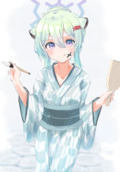 Rule 34 | 1girl, :p, animal ears, blue archive, blush, commentary request, facepaint, green kimono, hagoita, hair between eyes, hair ornament, hairclip, halo, highres, holding, holding brush, japanese clothes, kimono, light green hair, looking at viewer, noko (nco029685627), paddle, purple eyes, shigure (blue archive), shigure (hot spring) (blue archive), short hair, simple background, solo, stone floor, tongue, tongue out, weasel ears, white background, yagasuri