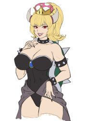 Rule 34 | 1girl, :d, bare shoulders, black leotard, black nails, blonde hair, bowsette, bracelet, breasts, cleavage, collar, commentary, english commentary, fingernails, gem, grin, hand up, highres, horns, index finger raised, jewelry, karmiel, large breasts, leotard, lipstick, looking at viewer, makeup, mario (series), nail polish, nintendo, open mouth, ponytail, red eyes, red lips, sharp fingernails, sharp teeth, simple background, smile, solo, spiked bracelet, spiked collar, spikes, standing, super crown, teeth, white background
