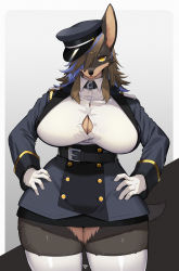 Rule 34 | 1girl, animal ears, animal nose, black fur, black hat, body fur, breasts, brown hair, button gap, closed mouth, dog ears, dog girl, dog tail, furry, furry female, gloves, gradient background, grey background, hat, highres, kishibe, large breasts, looking at viewer, original, shirt, short hair, snout, solo, tail, thighhighs, white gloves, white shirt, white thighhighs, yellow eyes