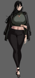 Rule 34 | 1girl, bangle, black hair, black jacket, black pants, bracelet, breast hold, breasts, commentary, cropped sweater, curvy, eyeshadow, full body, gem, green sweater, grey background, grey eyes, hair between eyes, hella p, highleg, highleg panties, highres, holding own arm, huge breasts, jacket, jacket on shoulders, jewelry, large breasts, long hair, looking at viewer, makeup, messy hair, midriff, mole, mole under eye, mole under mouth, multiple moles, multiple rings, necklace, original, panties, pants, red eyeshadow, ring, skindentation, solo, standing, sweater, symbol-only commentary, thigh gap, thighs, toeless footwear, toes, turtleneck, turtleneck sweater, underwear