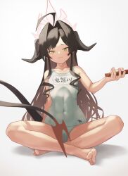 Rule 34 | 1girl, absurdres, ahoge, alternate color school swimsuit, alternate costume, bare legs, barefoot, black hair, blue archive, breasts, covered navel, demon girl, demon horns, demon tail, fang, halo, highres, horns, indian style, kasumi (blue archive), long hair, mutsuki albino, name tag, one-piece swimsuit, red halo, school swimsuit, sitting, small breasts, solo, swimsuit, tail, very long hair, white one-piece swimsuit, yellow eyes
