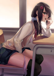 Rule 34 | 1girl, absurdres, between legs, black thighhighs, blush, bow, bowtie, bra, breasts, brown hair, classroom, cleavage, desk, female masturbation, finger in own mouth, fingernails, flower, hair flower, hair ornament, hairclip, highres, lens flare, lingerie, looking at viewer, low twintails, masturbation, naughty face, open clothes, open shirt, panties, panties around leg, panty pull, pink bra, pink panties, pleated skirt, saliva, sawaragi, school, school desk, school uniform, shirt, sitting, skirt, small breasts, solo, sweater vest, thighhighs, tongue, twintails, under table, underwear, vest