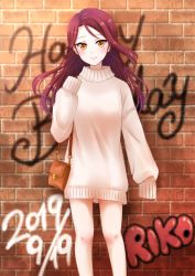 Rule 34 | 1girl, artist name, artist request, bag, blush, brick wall, carrying, carrying bag, female focus, handbag, highres, long hair, long sleeves, looking at viewer, love live!, love live! sunshine!!, marchen mozuku, parted lips, pink sweater, red hair, sakurauchi riko, sleeves past fingers, sleeves past wrists, solo, spray paint, sweater, wall, yellow eyes