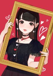 Rule 34 | 1girl, black choker, black dress, black hair, brown eyes, choker, collarbone, commentary request, dress, earrings, fingernails, heart, heart earrings, highres, holding, jewelry, lips, long hair, looking at viewer, nail polish, parted lips, picture frame, real life, red background, red nails, short sleeves, simple background, solo, uesaka sumire, upper body, yuu (higashi no penguin)