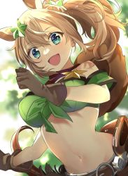 Rule 34 | 1girl, :d, animal ears, armband, bare shoulders, belt, blue eyes, blush, breasts, brown belt, brown gloves, brown hair, clenched hands, commentary request, cowboy hat, cowboy shot, crop top, glint, gloves, green armband, green shirt, groin, gun, hair between eyes, hair ornament, hand up, hat, hat on back, highres, holstered, horse ears, horse girl, horse tail, large breasts, long hair, looking at viewer, midriff, navel, off shoulder, open mouth, ponytail, red scarf, scarf, sheriff badge, shirt, shunka tunacan, sidelocks, smile, solo, standing, star (symbol), star hair ornament, taiki shuttle (umamusume), tail, tied shirt, umamusume, weapon