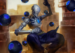 Rule 34 | 1boy, alternate color, ascendant zenyatta, building, clothed robot, floating, highres, humanoid robot, male focus, mechanical arms, official alternate costume, orb, overwatch, overwatch 1, quirrel (gharnedanshyo), robot, single mechanical arm, solo, zenyatta (overwatch)