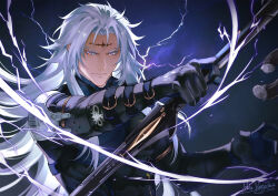 Rule 34 | 1boy, 2024, arm armor, belt, black belt, black gloves, calcharo (wuthering waves), closed mouth, cloud, dated, electricity, gloves, hand up, highres, holding, holding sword, holding weapon, logo, long hair, looking at viewer, looking to the side, male focus, multiple belts, parted bangs, serious, shirashura, shoulder pads, sidelocks, signature, solo, sword, toned, toned male, upper body, very long hair, weapon, white eyes, white hair, wuthering waves