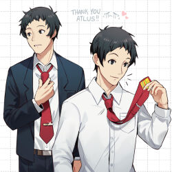 Rule 34 | 1boy, adachi tooru, adjusting clothes, adjusting necktie, black eyes, black hair, black suit, closed mouth, collared shirt, commentary, company name, dress shirt, english commentary, english text, formal, frown, hand up, holding necktie, kuki tan, long sleeves, looking to the side, necktie, nose, notice lines, parted lips, persona, persona 4, red necktie, shirt, short hair, simple background, smile, solo, spiked hair, suit, upper body, white background, white shirt
