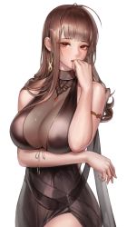 Rule 34 | 1girl, ahoge, armlet, bare arms, blush, breast hold, breasts, brown hair, choker, cleavage, cowboy shot, dress, dsr-50 (girls&#039; frontline), earrings, gem, girls&#039; frontline, hand to own mouth, jewelry, large breasts, long hair, looking at viewer, monaim, official alternate costume, open mouth, pendant, red eyes, ring, see-through, simple background, sleeveless, sleeveless dress, solo, standing, wedding band, white background