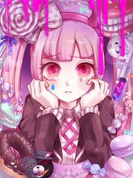 Rule 34 | 1girl, black jacket, blush, bow, candy, child, closed mouth, collared shirt, crying, danganronpa (series), danganronpa another episode: ultra despair girls, dentures, face in hands, fake horns, food, from behind, hairband, hands on own face, head in hands, headband, horned headwear, horns, jacket, kurokuma (danganronpa), lollipop, long hair, long sleeved jacket, long sleeves, looking at viewer, macaron, matching hair/eyes, needle, pink eyes, pink hair, pink hairband, pink headband, pink headwear, pink horns, polka dot, polka dot bow, shirokuma (danganronpa), shirt, tears, twintails, upper body, utsugi kotoko, white shirt